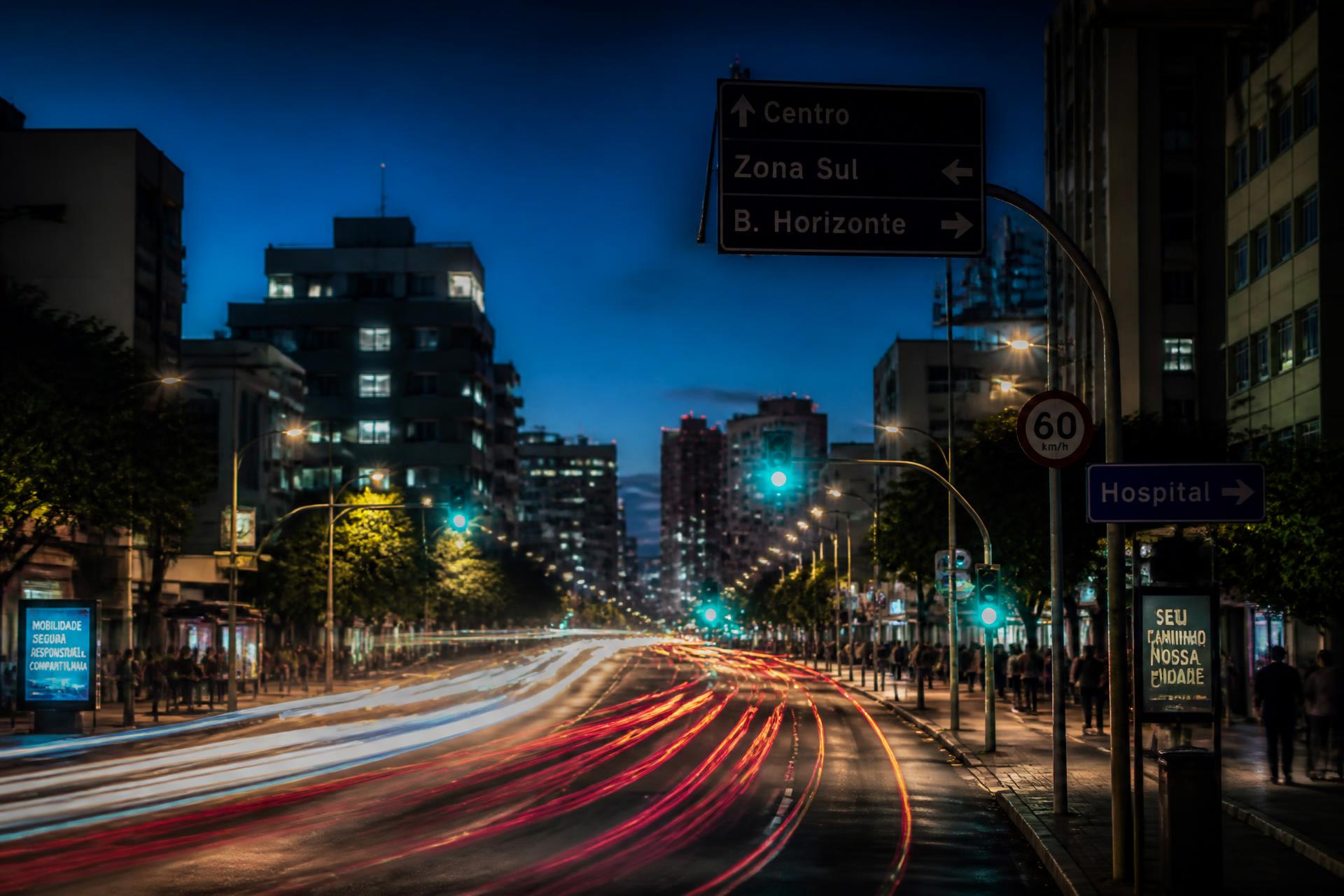 Avenida urbana brasileira ao entardecer com intenso fluxo de veículos e rastros de luz, representando mobilidade urbana
